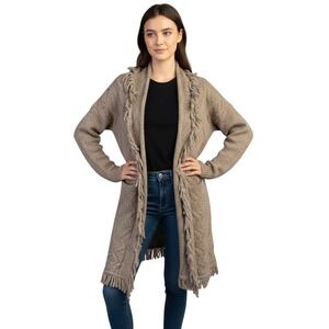 Debut Cardigan Sweater‎ XS Open Front Brown Taupe Fringe Ribbed Cozy Boho NEW